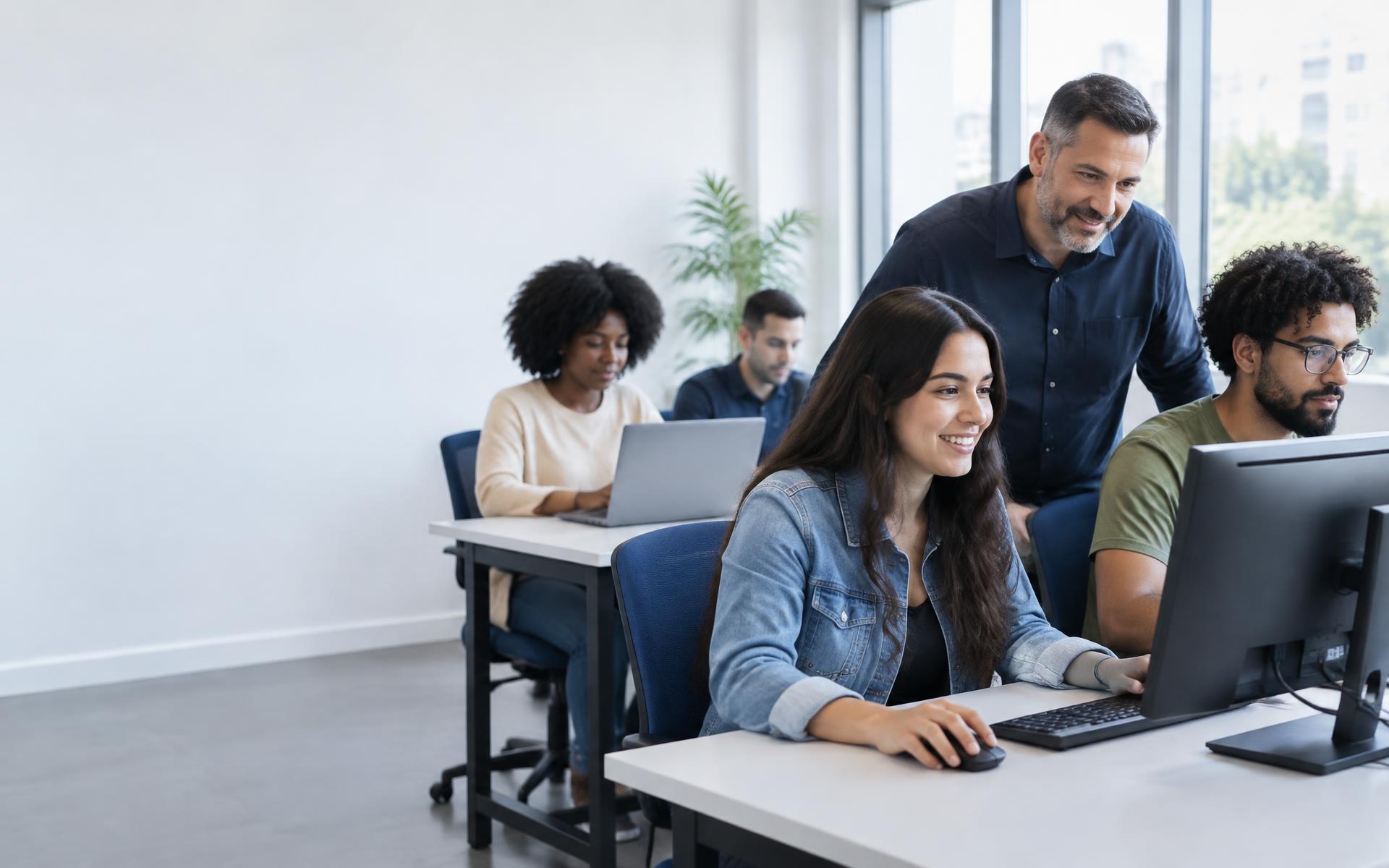 Pessoas participando de treinamento em informática em um ambiente de aprendizagem